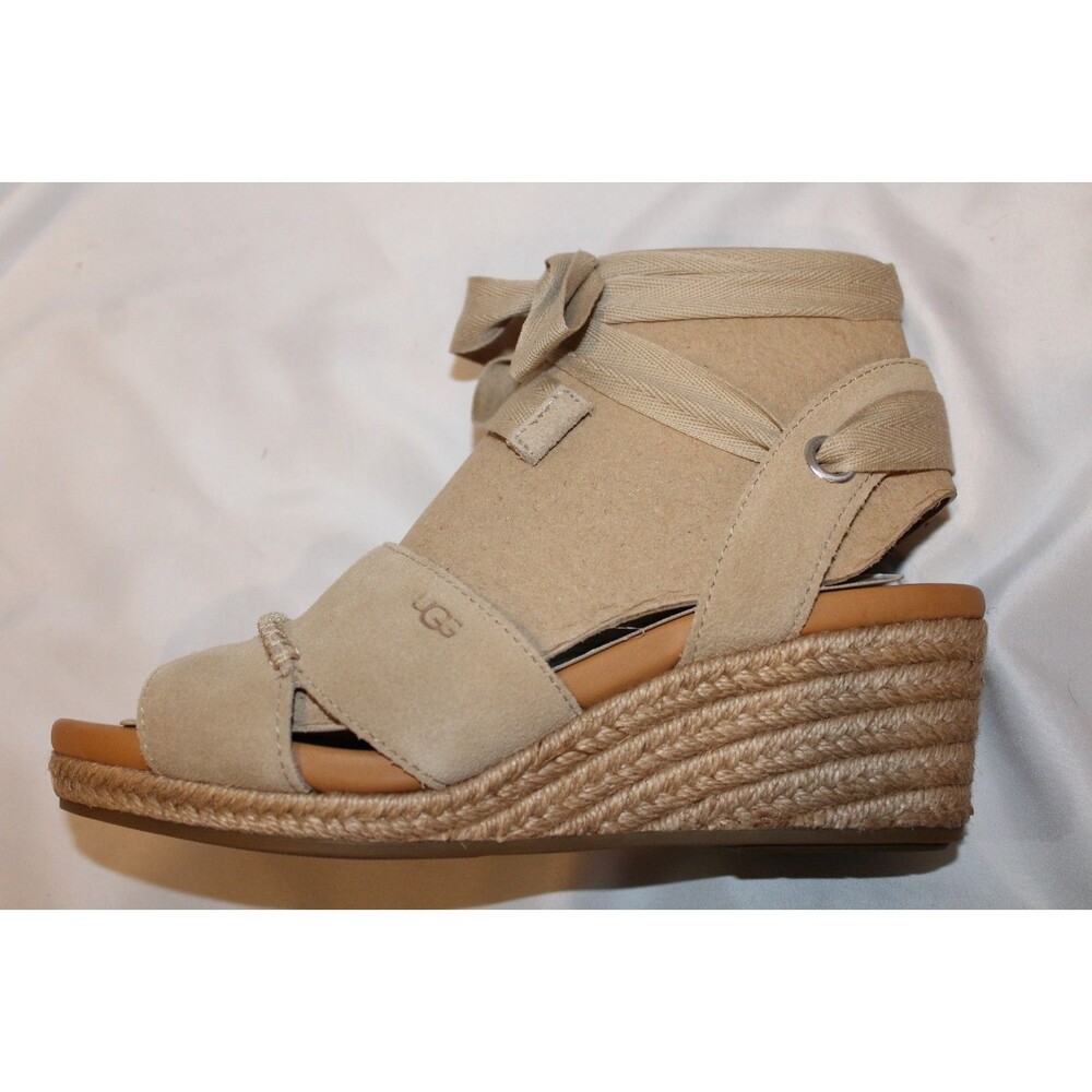 NIB UGG WOMEN'S TAIA ANKLE WRAP WEDGE SUEDE SANDALS MUS TAN SZ 9.5 NIB - Picture 2 of 8